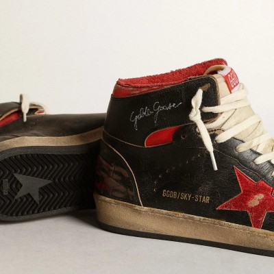 Golden Goose Sky-Star Sneaker In Glossy Black Leather With Red Star Golden Goose Sky-Star Sneaker In Glossy Black Leather With Red Star