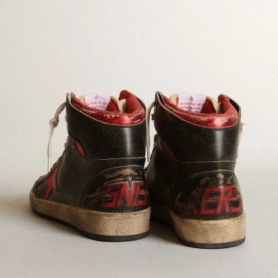 Golden Goose Sky-Star Sneaker In Glossy Black Leather With Red Star Golden Goose Sky-Star Sneaker In Glossy Black Leather With Red Star