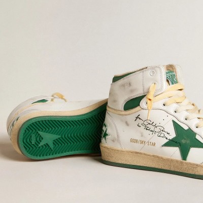 Golden Goose Sky-Star Sneaker In White Leather With Green Leather Star Golden Goose Sky-Star Sneaker In White Leather With Green Leather Star