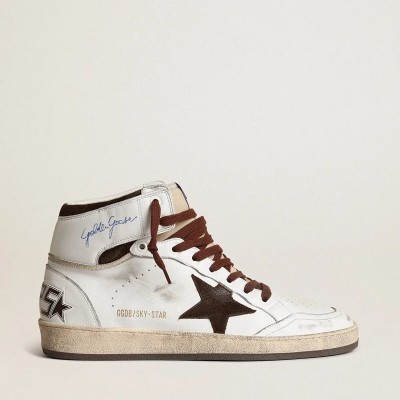 Golden Goose Sky-Star Sneaker In White Nappa Leather With A Chocolate Suede Star Golden Goose Sky-Star Sneaker In White Nappa Leather With A Chocolate Suede Star