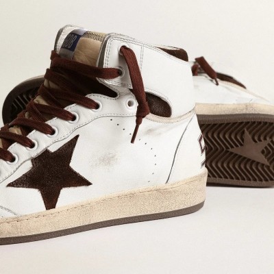 Golden Goose Sky-Star Sneaker In White Nappa Leather With A Chocolate Suede Star Golden Goose Sky-Star Sneaker In White Nappa Leather With A Chocolate Suede Star