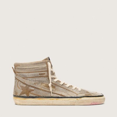 Golden Goose Slide Lab Sneaker In Tobacco-Colored Suede With Crystals And Tobacco-Colored Suede Star Golden Goose Slide Lab Sneaker In Tobacco-Colored Suede With Crystals And Tobacco-Colored Suede Star