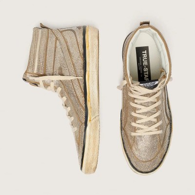 Golden Goose Slide Lab Sneaker In Tobacco-Colored Suede With Crystals And Tobacco-Colored Suede Star Golden Goose Slide Lab Sneaker In Tobacco-Colored Suede With Crystals And Tobacco-Colored Suede Star