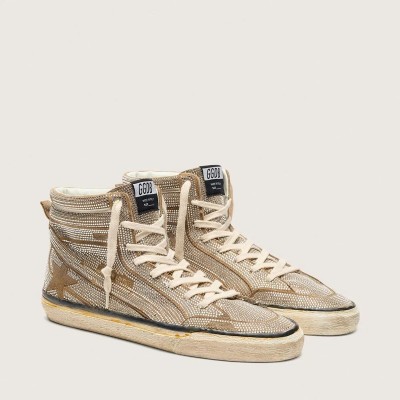 Golden Goose Slide Lab Sneaker In Tobacco-Colored Suede With Crystals And Tobacco-Colored Suede Star Golden Goose Slide Lab Sneaker In Tobacco-Colored Suede With Crystals And Tobacco-Colored Suede Star
