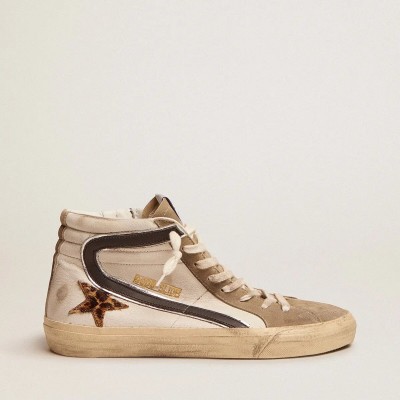 Golden Goose Slide Sneaker With Leopard Print Pony Skin Star And Black Flash Golden Goose Slide Sneaker With Leopard Print Pony Skin Star And Black Flash