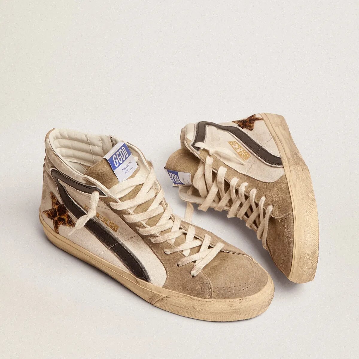 Golden Goose Slide Sneaker With Leopard Print Pony Skin Star And Black Flash Golden Goose Slide Sneaker With Leopard Print Pony Skin Star And Black Flash