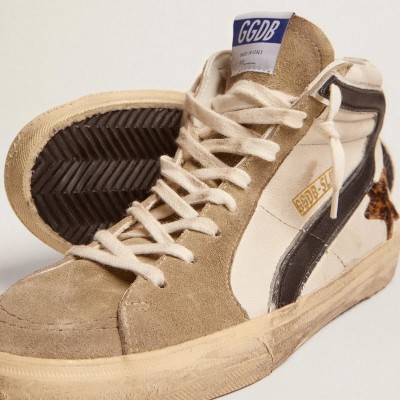 Golden Goose Slide Sneaker With Leopard Print Pony Skin Star And Black Flash Golden Goose Slide Sneaker With Leopard Print Pony Skin Star And Black Flash