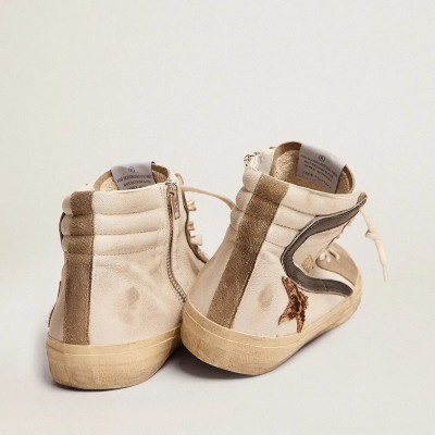 Golden Goose Slide Sneaker With Leopard Print Pony Skin Star And Black Flash Golden Goose Slide Sneaker With Leopard Print Pony Skin Star And Black Flash