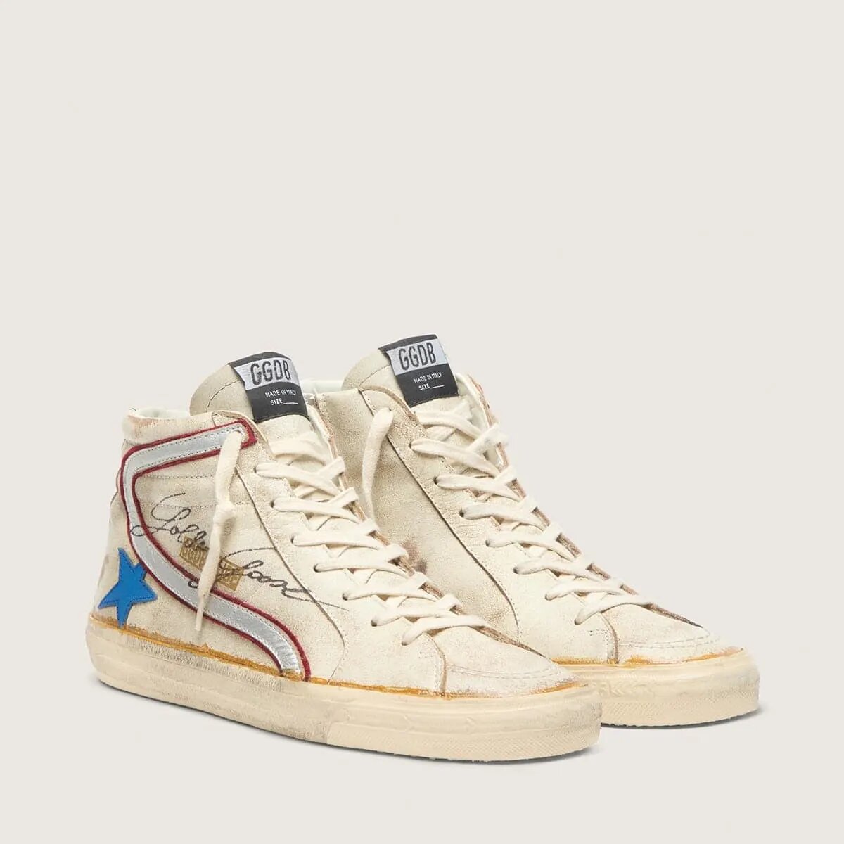 Golden Goose Slide Sneaker With Light Blue Leather Star And Metallic Silver Leather Flash Golden Goose Slide Sneaker With Light Blue Leather Star And Metallic Silver Leather Flash