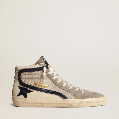 Golden Goose Slide Sneaker In Beige Mesh And Nylon With Blue Leather Star And Flash