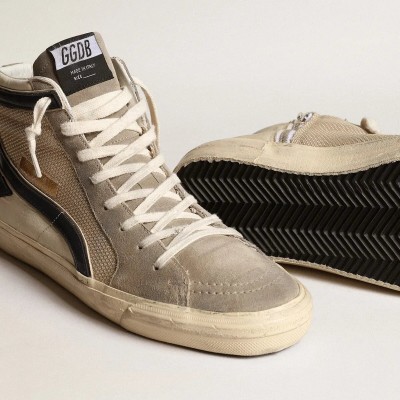 Golden Goose Slide Sneaker In Beige Mesh And Nylon With Blue Leather Star And Flash