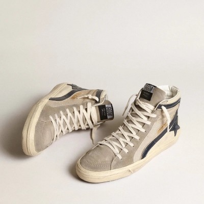 Golden Goose Slide Sneaker In Beige Mesh And Nylon With Blue Leather Star And Flash Golden Goose Slide Sneaker In Beige Mesh And Nylon With Blue Leather Star And Flash