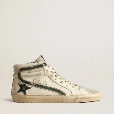 Golden Goose Slide Sneaker In Beige Nappa With Green Laminated Leather Star And Flash Golden Goose Slide Sneaker In Beige Nappa With Green Laminated Leather Star And Flash