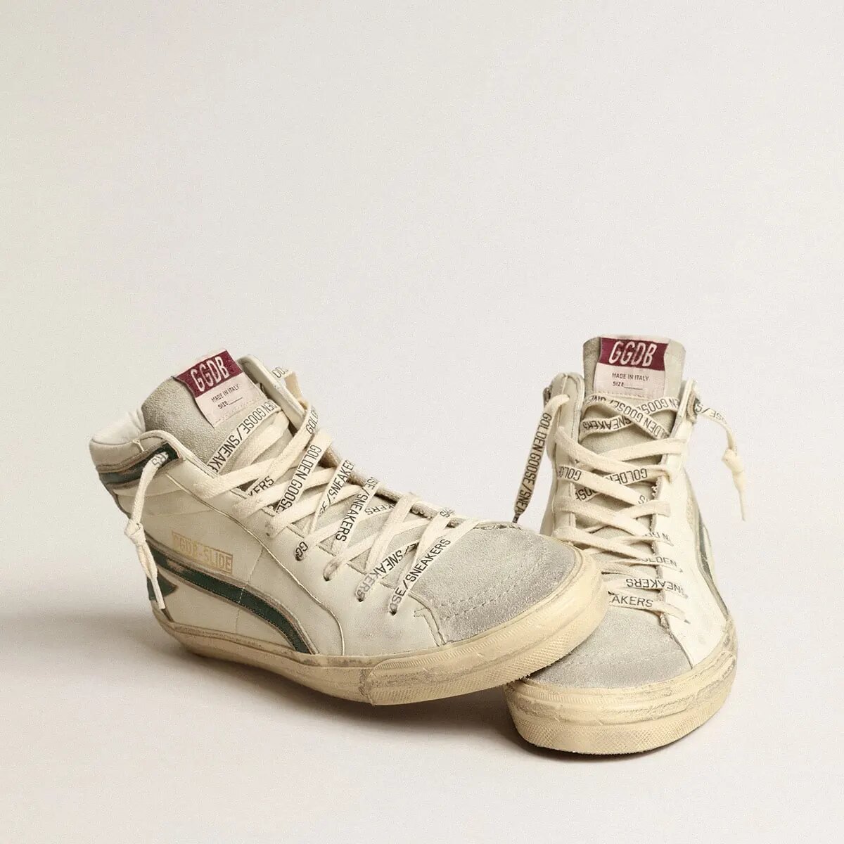 Golden Goose Slide Sneaker In Beige Nappa With Green Laminated Leather Star And Flash Golden Goose Slide Sneaker In Beige Nappa With Green Laminated Leather Star And Flash