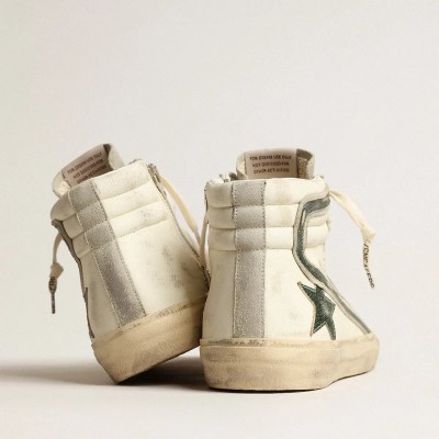 Golden Goose Slide Sneaker In Beige Nappa With Green Laminated Leather Star And Flash Golden Goose Slide Sneaker In Beige Nappa With Green Laminated Leather Star And Flash