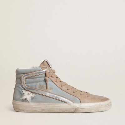 Golden Goose Slide Sneaker In Light Blue Canvas With Silver Metallic Leather Flash Golden Goose Slide Sneaker In Light Blue Canvas With Silver Metallic Leather Flash