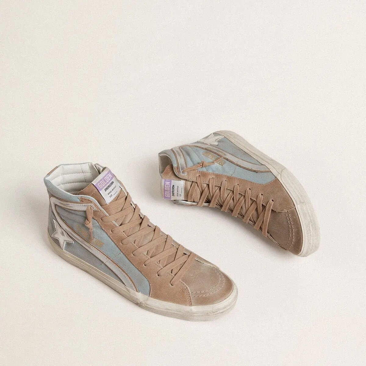 Golden Goose Slide Sneaker In Light Blue Canvas With Silver Metallic Leather Flash Golden Goose Slide Sneaker In Light Blue Canvas With Silver Metallic Leather Flash