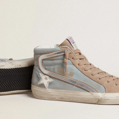Golden Goose Slide Sneaker In Light Blue Canvas With Silver Metallic Leather Flash Golden Goose Slide Sneaker In Light Blue Canvas With Silver Metallic Leather Flash