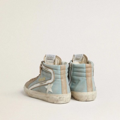 Golden Goose Slide Sneaker In Light Blue Canvas With Silver Metallic Leather Flash Golden Goose Slide Sneaker In Light Blue Canvas With Silver Metallic Leather Flash
