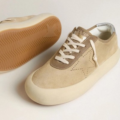 Golden Goose Space-Star Sneaker In Beige Suede With Perforated Star And Metallic Silver Heel Tab Golden Goose Space-Star Sneaker In Beige Suede With Perforated Star And Metallic Silver Heel Tab