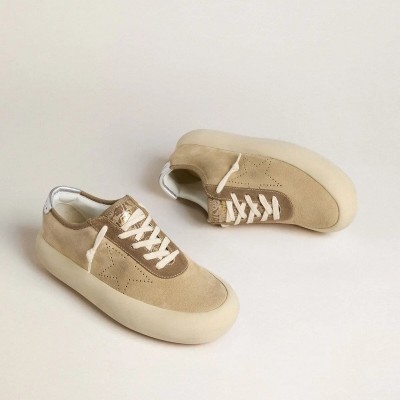 Golden Goose Space-Star Sneaker In Beige Suede With Perforated Star And Metallic Silver Heel Tab