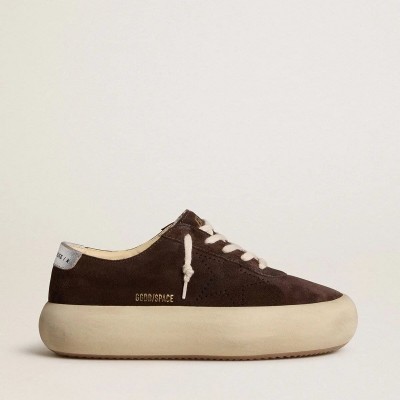 Golden Goose Space-Star Sneaker In Dark Brown Suede With Metallic Silver Heel Tab