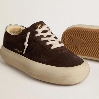 Golden Goose Space-Star Sneaker In Dark Brown Suede With Metallic Silver Heel Tab