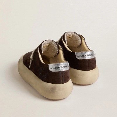 Golden Goose Space-Star Sneaker In Dark Brown Suede With Metallic Silver Heel Tab