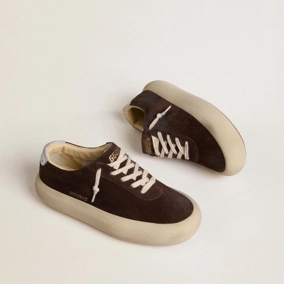 Golden Goose Space-Star Sneaker In Dark Brown Suede With Metallic Silver Heel Tab