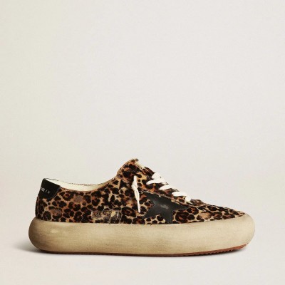 Golden Goose Space-Star Sneaker In Leopard Print Pony Skin With Black Star And Heel