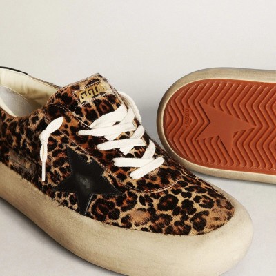 Golden Goose Space-Star Sneaker In Leopard Print Pony Skin With Black Star And Heel
