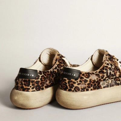 Golden Goose Space-Star Sneaker In Leopard Print Pony Skin With Black Star And Heel