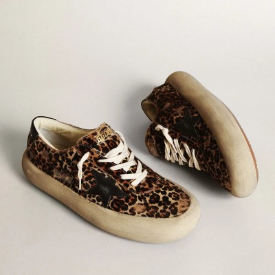 Golden Goose Space-Star Sneaker In Leopard Print Pony Skin With Black Star And Heel Golden Goose Space-Star Sneaker In Leopard Print Pony Skin With Black Star And Heel
