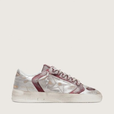 Golden Goose Stardan Lab Sneaker In Burgundy And Silver Leather And Glitter Golden Goose Stardan Lab Sneaker In Burgundy And Silver Leather And Glitter