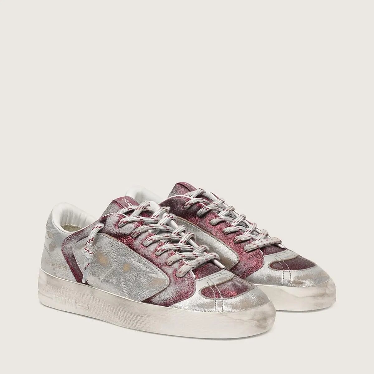 Golden Goose Stardan Lab Sneaker In Burgundy And Silver Leather And Glitter Golden Goose Stardan Lab Sneaker In Burgundy And Silver Leather And Glitter