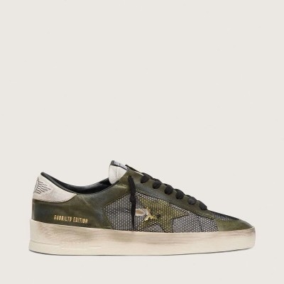 Golden Goose Stardan Ltd Sneaker In White And Olive-Green Leather With Black Mesh And Yellow Leather Star Golden Goose Stardan Ltd Sneaker In White And Olive-Green Leather With Black Mesh And Yellow Leather Star