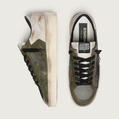 Golden Goose Stardan Ltd Sneaker In White And Olive-Green Leather With Black Mesh And Yellow Leather Star Golden Goose Stardan Ltd Sneaker In White And Olive-Green Leather With Black Mesh And Yellow Leather Star
