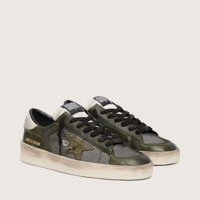 Golden Goose Stardan Ltd Sneaker In White And Olive-Green Leather With Black Mesh And Yellow Leather Star