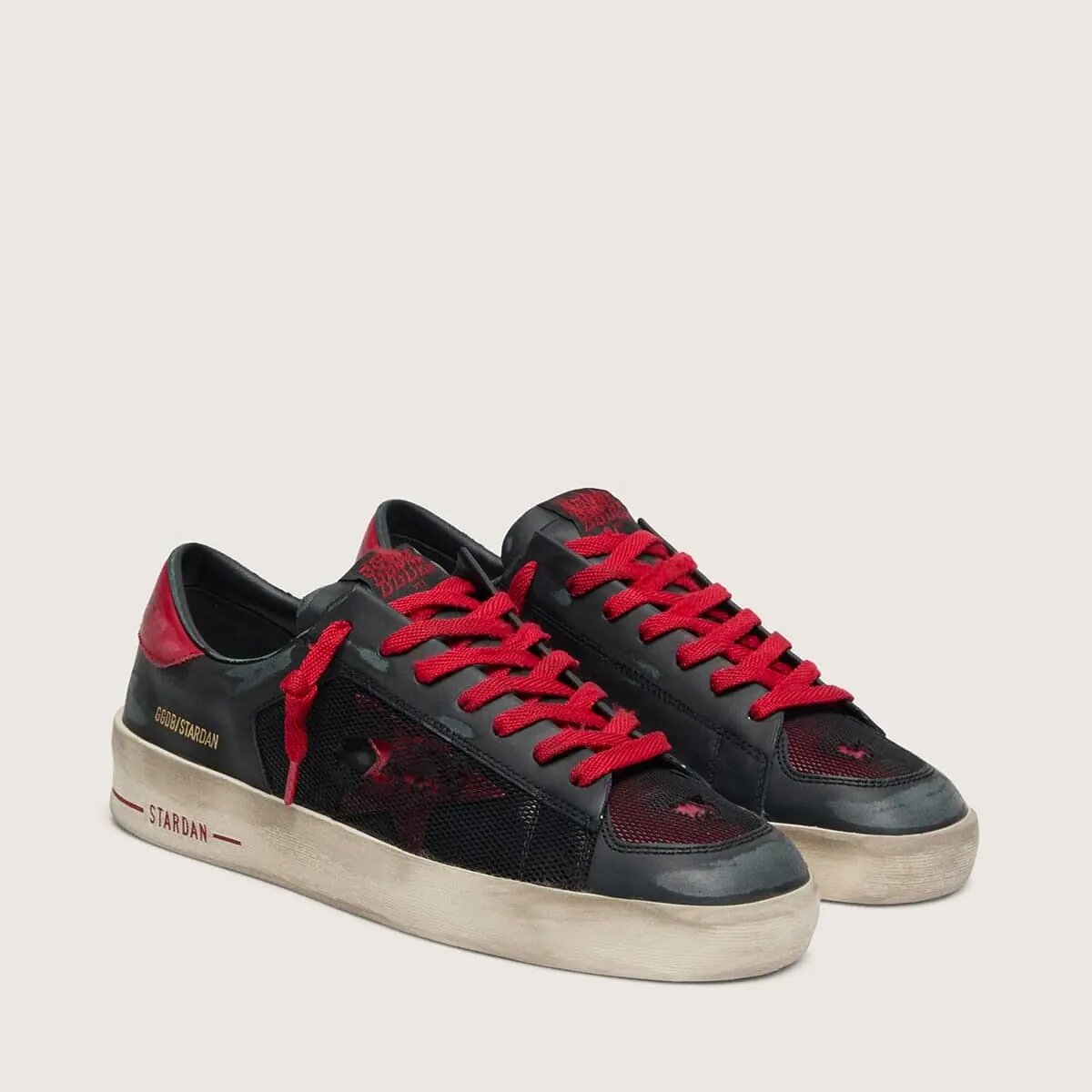 Golden Goose Stardan Sneaker In Black Leather With Red Star And Black Mesh And Red Leather Inserts Golden Goose Stardan Sneaker In Black Leather With Red Star And Black Mesh And Red Leather Inserts