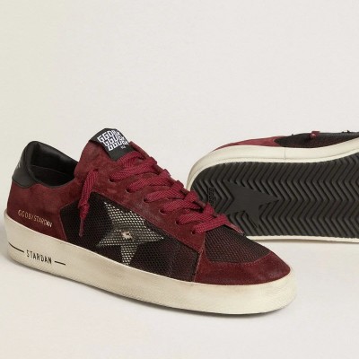 Golden Goose Stardan Sneaker In Black Mesh And Burgundy Suede With White Leather Star