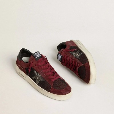 Golden Goose Stardan Sneaker In Black Mesh And Burgundy Suede With White Leather Star Golden Goose Stardan Sneaker In Black Mesh And Burgundy Suede With White Leather Star