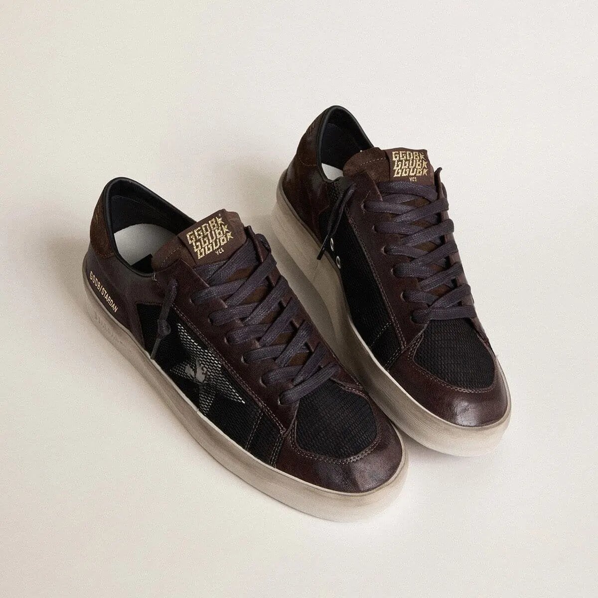 Golden Goose Stardan Sneaker In Brown Suede And Black Mesh With White Leather Star And Nappa Leather Inserts Golden Goose Stardan Sneaker In Brown Suede And Black Mesh With White Leather Star And Nappa Leather Inserts