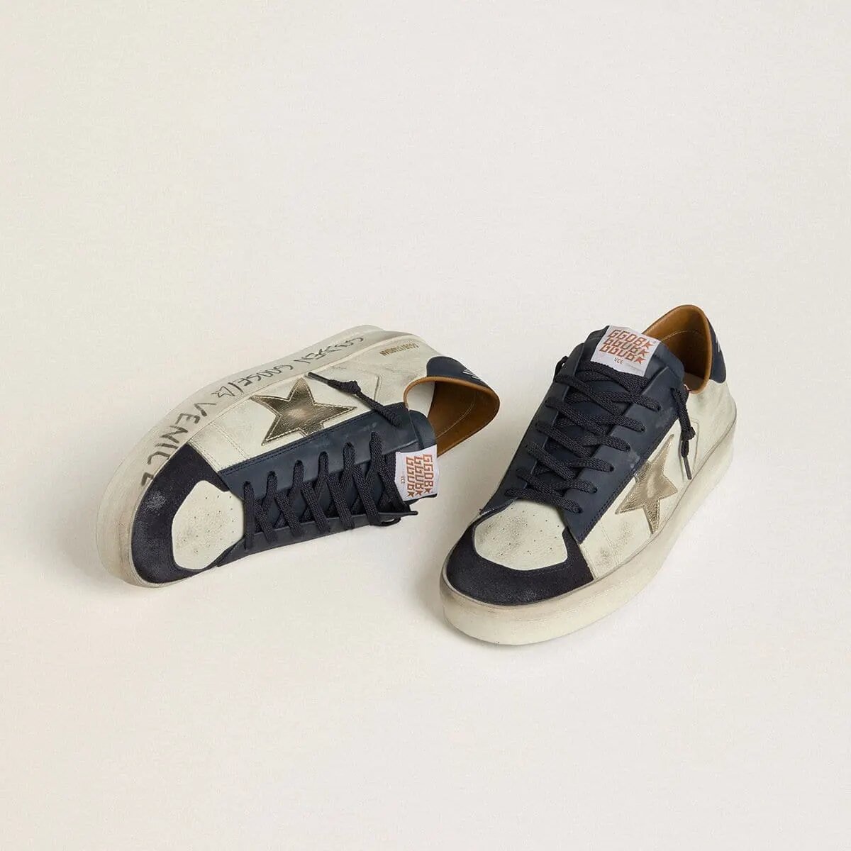 Golden Goose Stardan Sneaker In Nubuck With Metallic Leather Star And Blue Nappa Heel Tab Golden Goose Stardan Sneaker In Nubuck With Metallic Leather Star And Blue Nappa Heel Tab