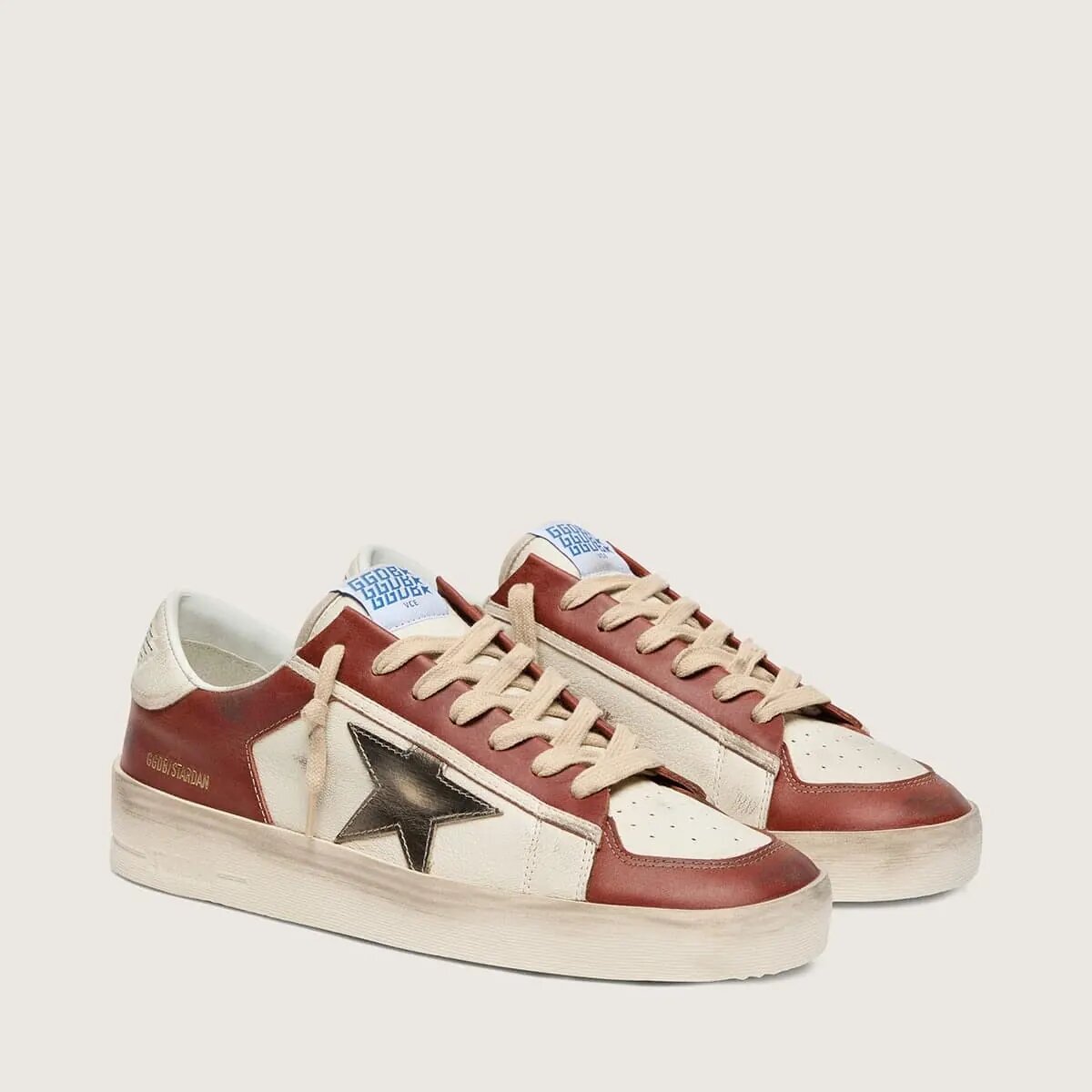 Golden Goose Stardan Sneaker In White And Brick-Red Leather With Olive-Green Laminated Leather Star Golden Goose Stardan Sneaker In White And Brick-Red Leather With Olive-Green Laminated Leather Star
