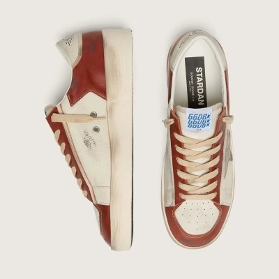 Golden Goose Stardan Sneaker In White And Brick-Red Leather With Olive-Green Laminated Leather Star Golden Goose Stardan Sneaker In White And Brick-Red Leather With Olive-Green Laminated Leather Star