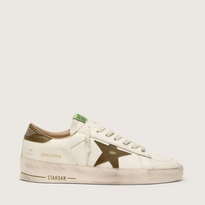 Golden Goose Stardan Sneaker In White Leather With Military-Green Snake-Print Leather Star And Heel Tab Golden Goose Stardan Sneaker In White Leather With Military-Green Snake-Print Leather Star And Heel Tab