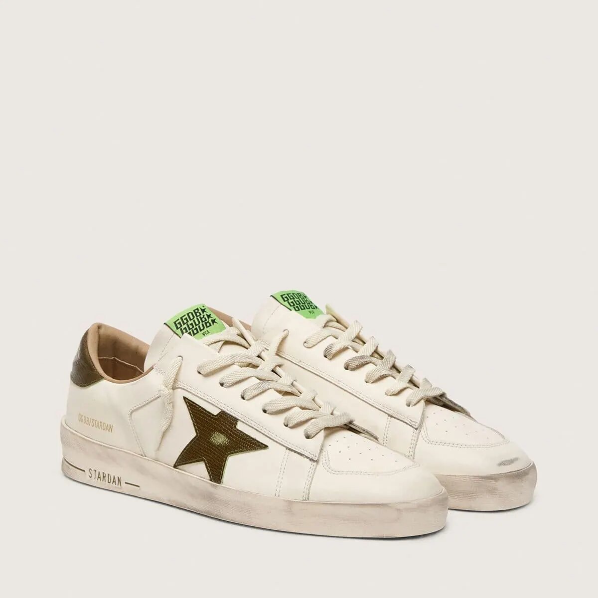 Golden Goose Stardan Sneaker In White Leather With Military-Green Snake-Print Leather Star And Heel Tab Golden Goose Stardan Sneaker In White Leather With Military-Green Snake-Print Leather Star And Heel Tab