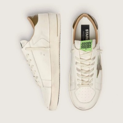 Golden Goose Stardan Sneaker In White Leather With Military-Green Snake-Print Leather Star And Heel Tab Golden Goose Stardan Sneaker In White Leather With Military-Green Snake-Print Leather Star And Heel Tab