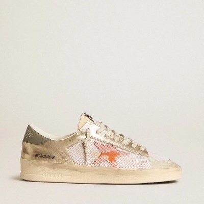 Golden Goose Stardan Sneaker In White Mesh With Orange Star And Platinum Leather Inserts Golden Goose Stardan Sneaker In White Mesh With Orange Star And Platinum Leather Inserts