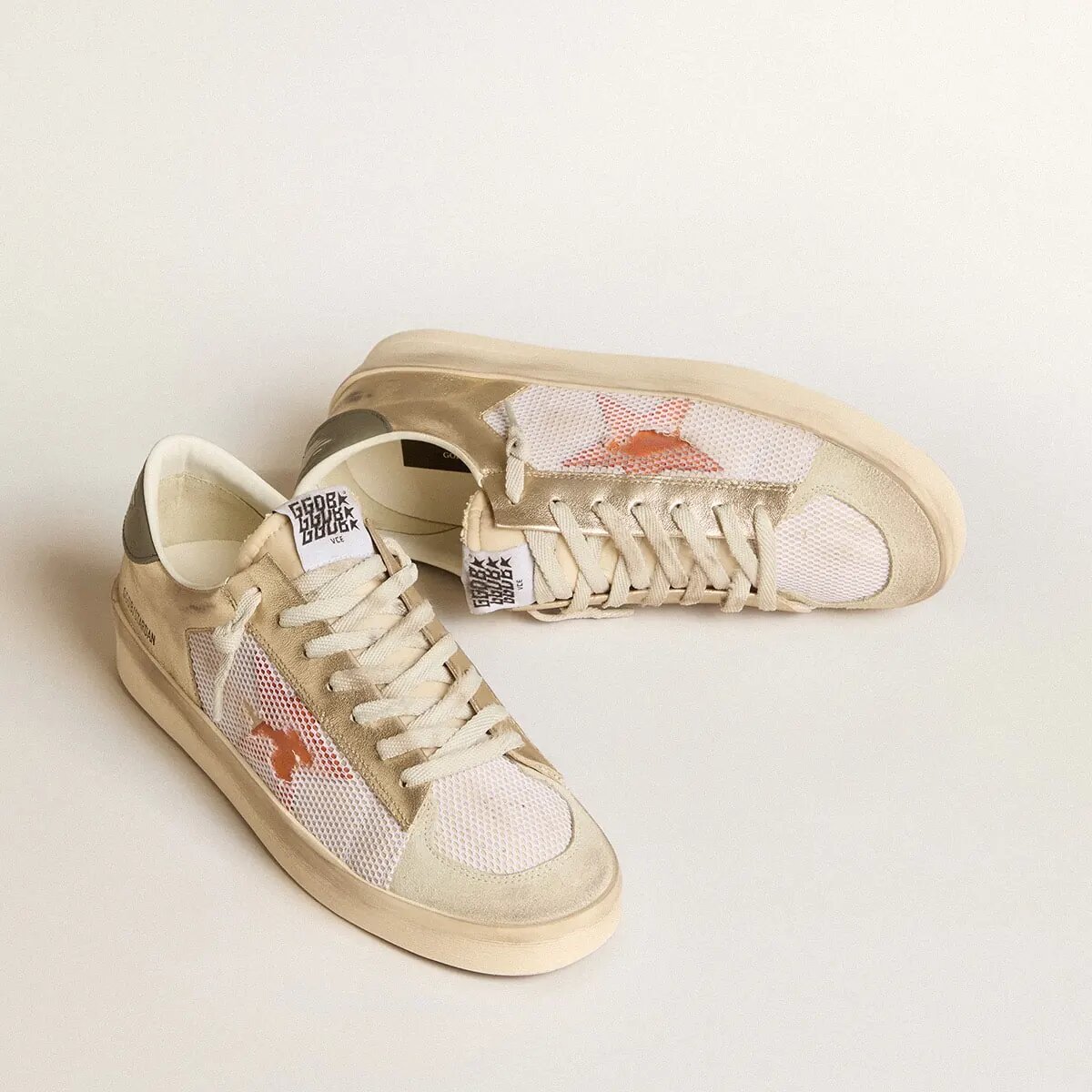 Golden Goose Stardan Sneaker In White Mesh With Orange Star And Platinum Leather Inserts Golden Goose Stardan Sneaker In White Mesh With Orange Star And Platinum Leather Inserts